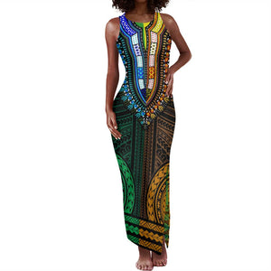 African Dashiki and Polynesian Pattern Tank Maxi Dress Half Green-Gold