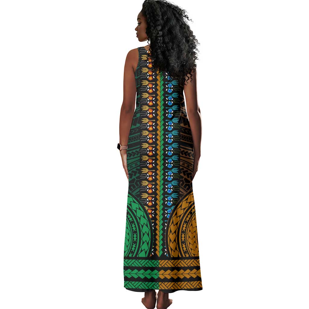 African Dashiki and Polynesian Pattern Tank Maxi Dress Half Green-Gold