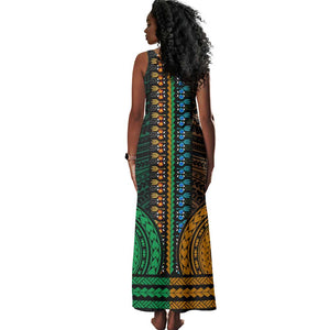 African Dashiki and Polynesian Pattern Tank Maxi Dress Half Green-Gold