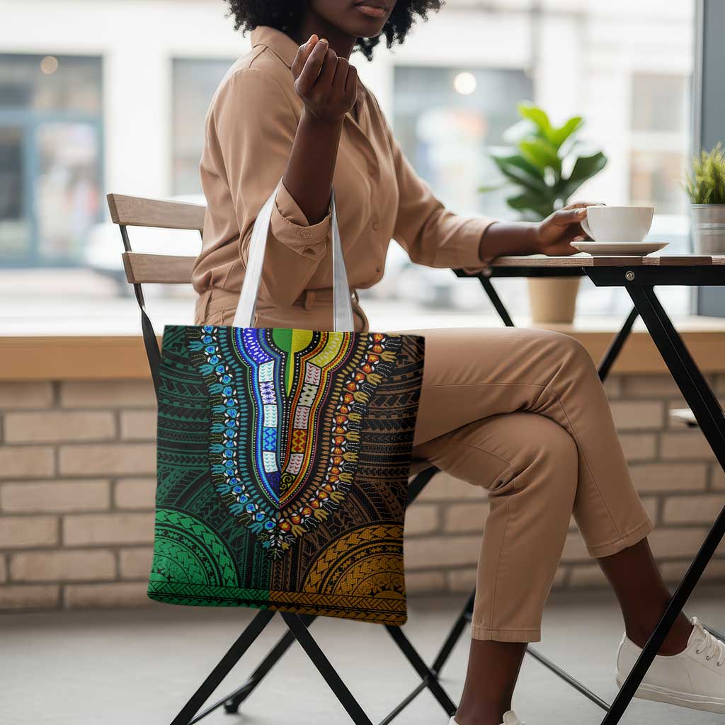 African Dashiki and Polynesian Pattern Tote Bag Half Green-Gold
