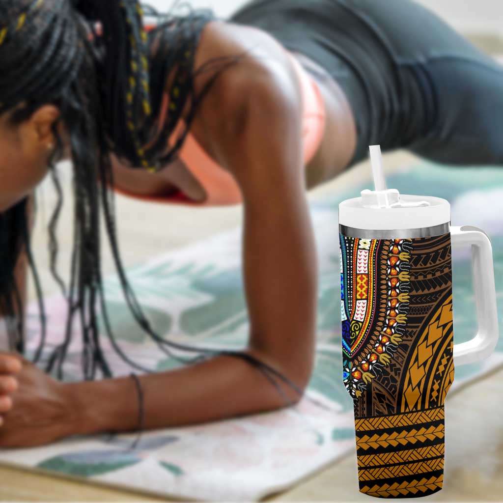 African Dashiki and Polynesian Pattern Tumbler With Handle Half Green-Gold