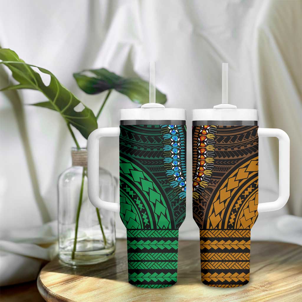 African Dashiki and Polynesian Pattern Tumbler With Handle Half Green-Gold