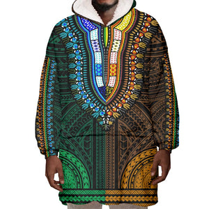 African Dashiki and Polynesian Pattern Wearable Blanket Hoodie Half Green-Gold