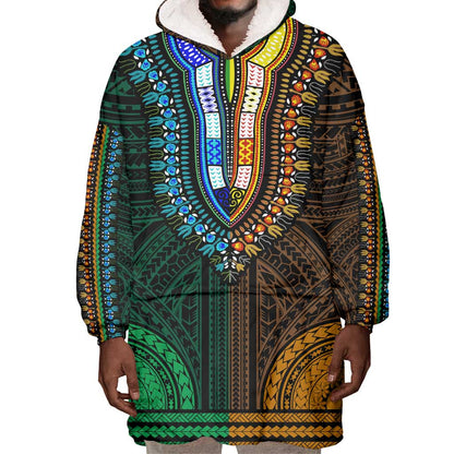 African Dashiki and Polynesian Pattern Wearable Blanket Hoodie Half Green-Gold