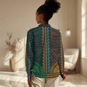 African Dashiki and Polynesian Pattern Women Casual Shirt Half Green-Gold LT9