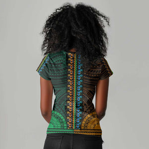 African Dashiki and Polynesian Pattern Women V-Neck T-Shirt Half Green-Gold