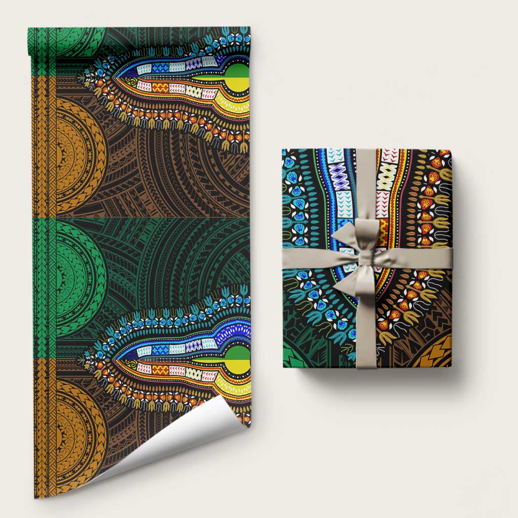 African Dashiki and Polynesian Pattern Wrapping Paper Half Green-Gold - African Pride