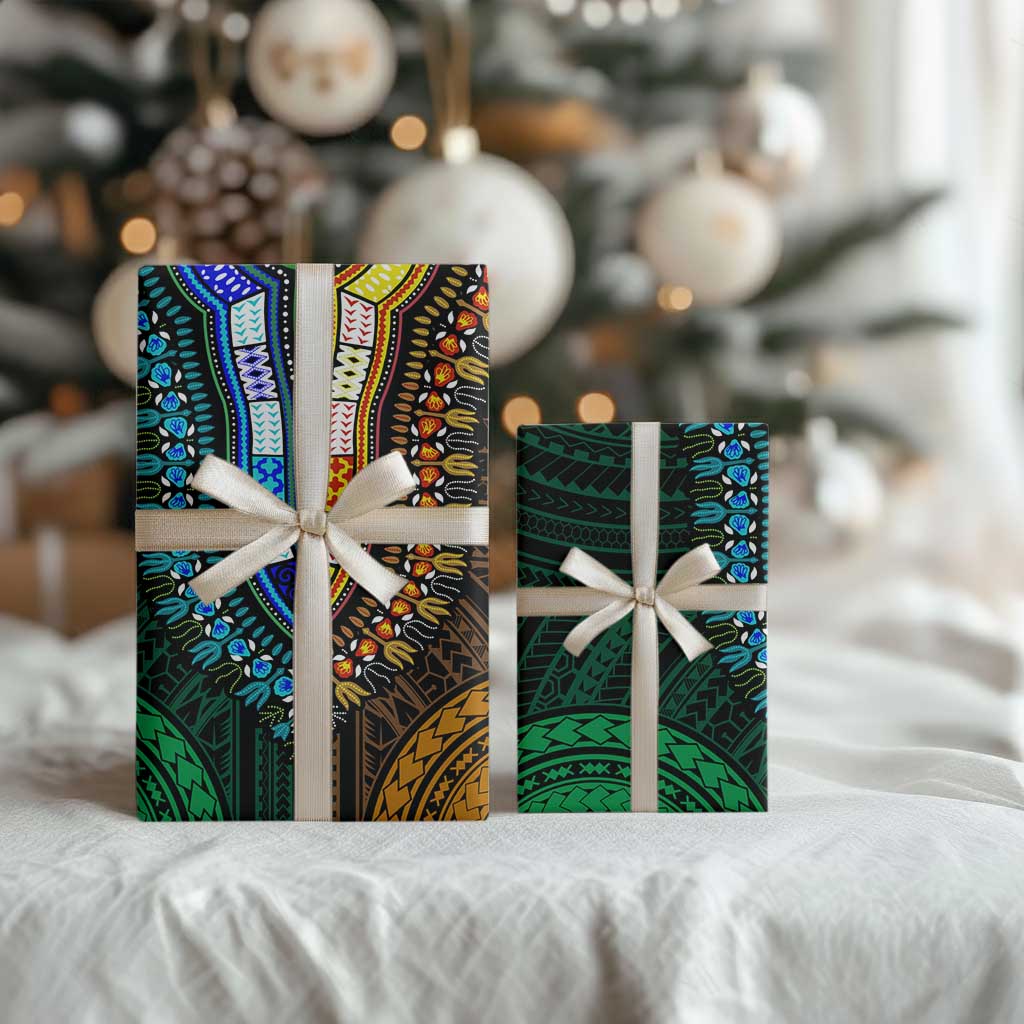 African Dashiki and Polynesian Pattern Wrapping Paper Half Green-Gold - African Pride
