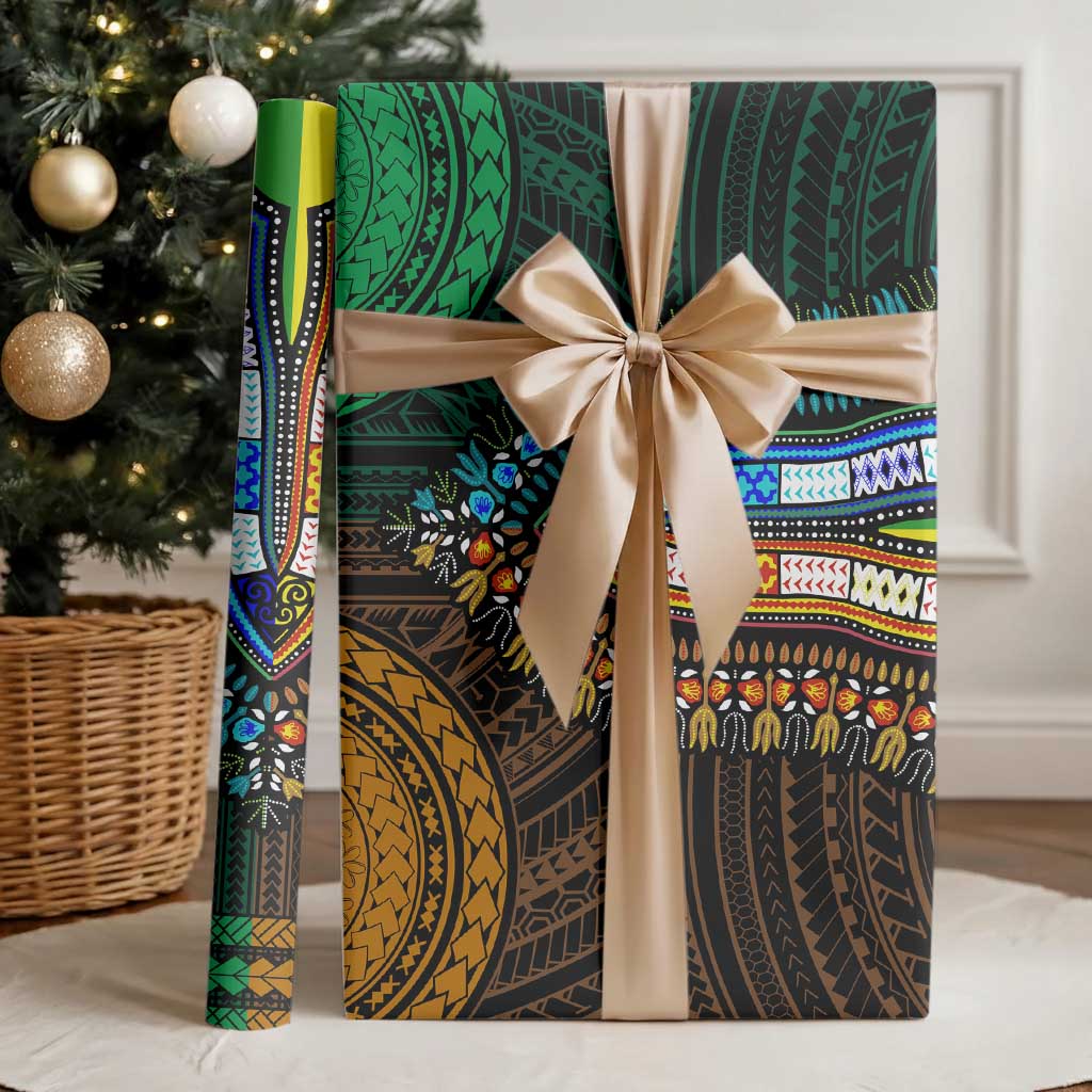 African Dashiki and Polynesian Pattern Wrapping Paper Half Green-Gold - African Pride