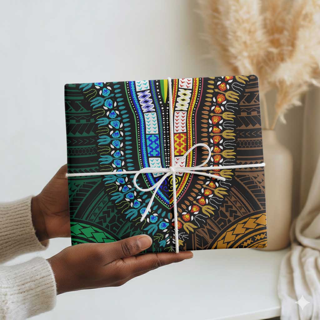 African Dashiki and Polynesian Pattern Wrapping Paper Half Green-Gold - African Pride