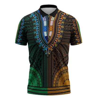 African Dashiki and Polynesian Pattern Zipper Polo Shirt Half Green-Gold