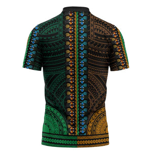 African Dashiki and Polynesian Pattern Zipper Polo Shirt Half Green-Gold