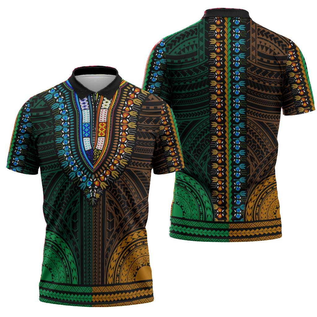 African Dashiki and Polynesian Pattern Zipper Polo Shirt Half Green-Gold