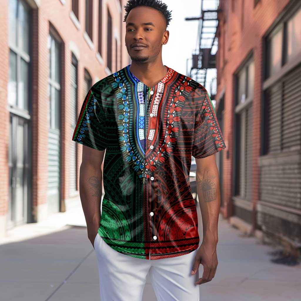 African Dashiki and Polynesian Pattern Baseball Jersey Half Green-Red