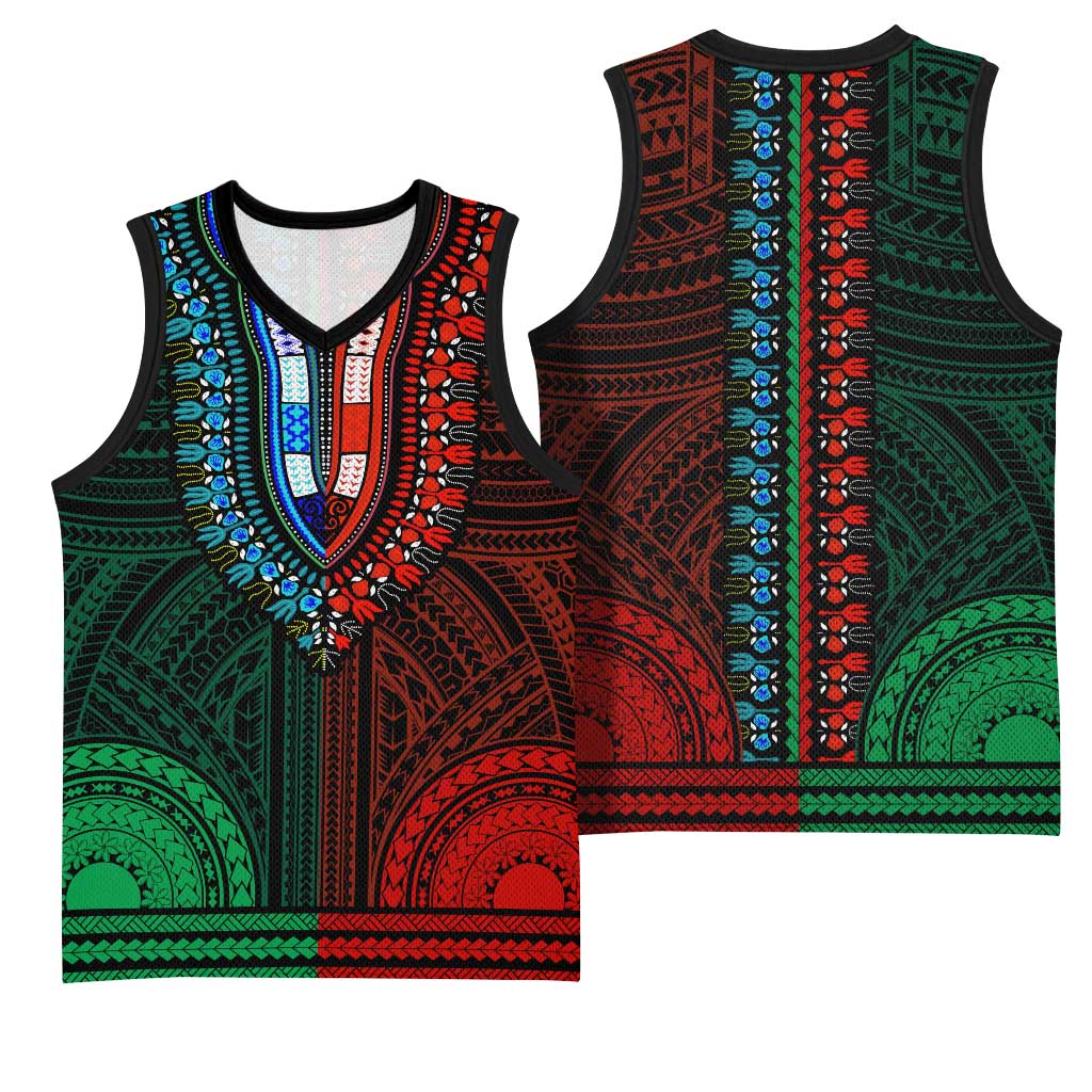African Dashiki and Polynesian Pattern Basketball Jersey Half Green-Red - African Pride