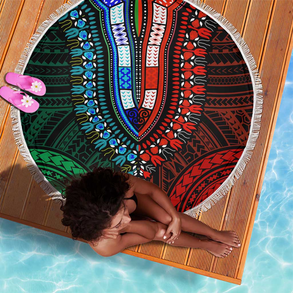 African Dashiki and Polynesian Pattern Beach Blanket Half Green-Red