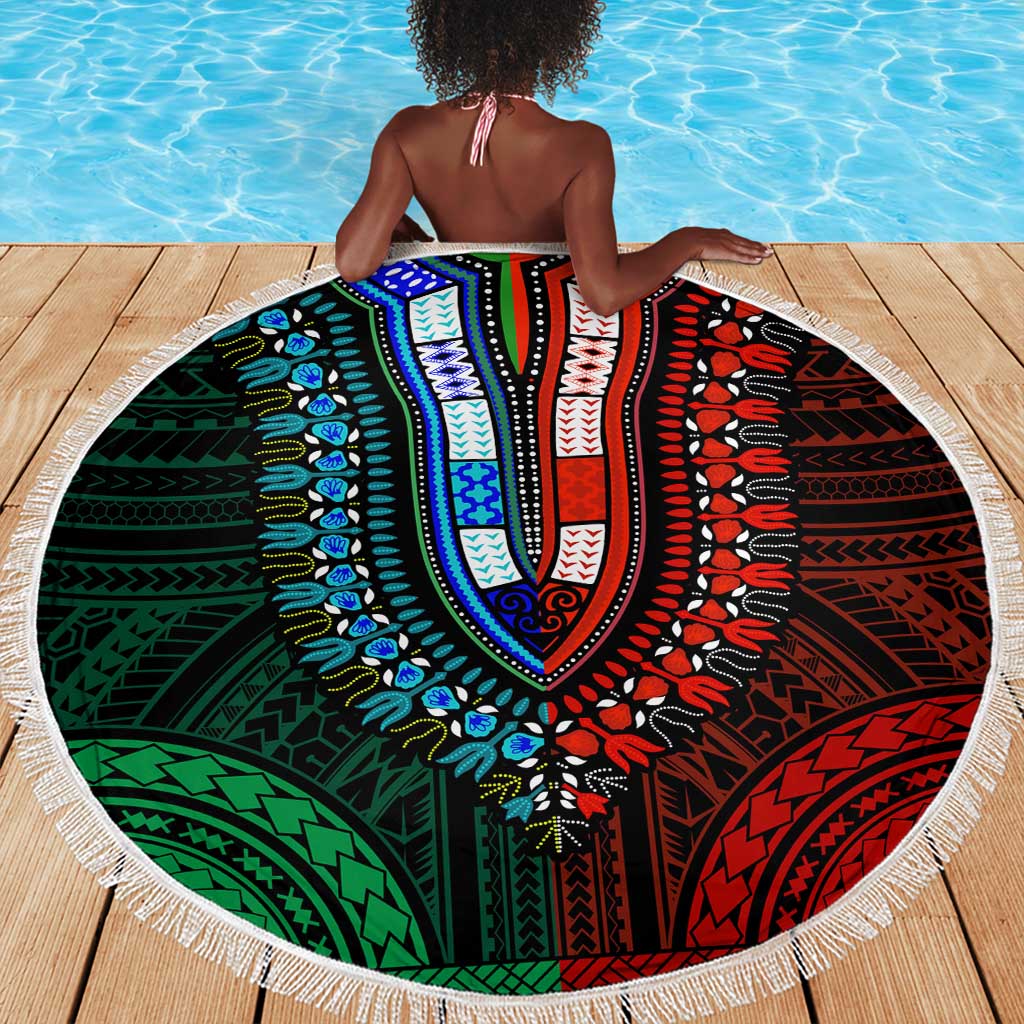 African Dashiki and Polynesian Pattern Beach Blanket Half Green-Red