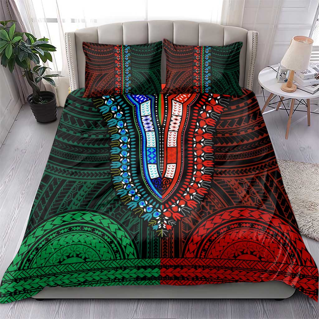 African Dashiki and Polynesian Pattern Bedding Set Half Green-Red