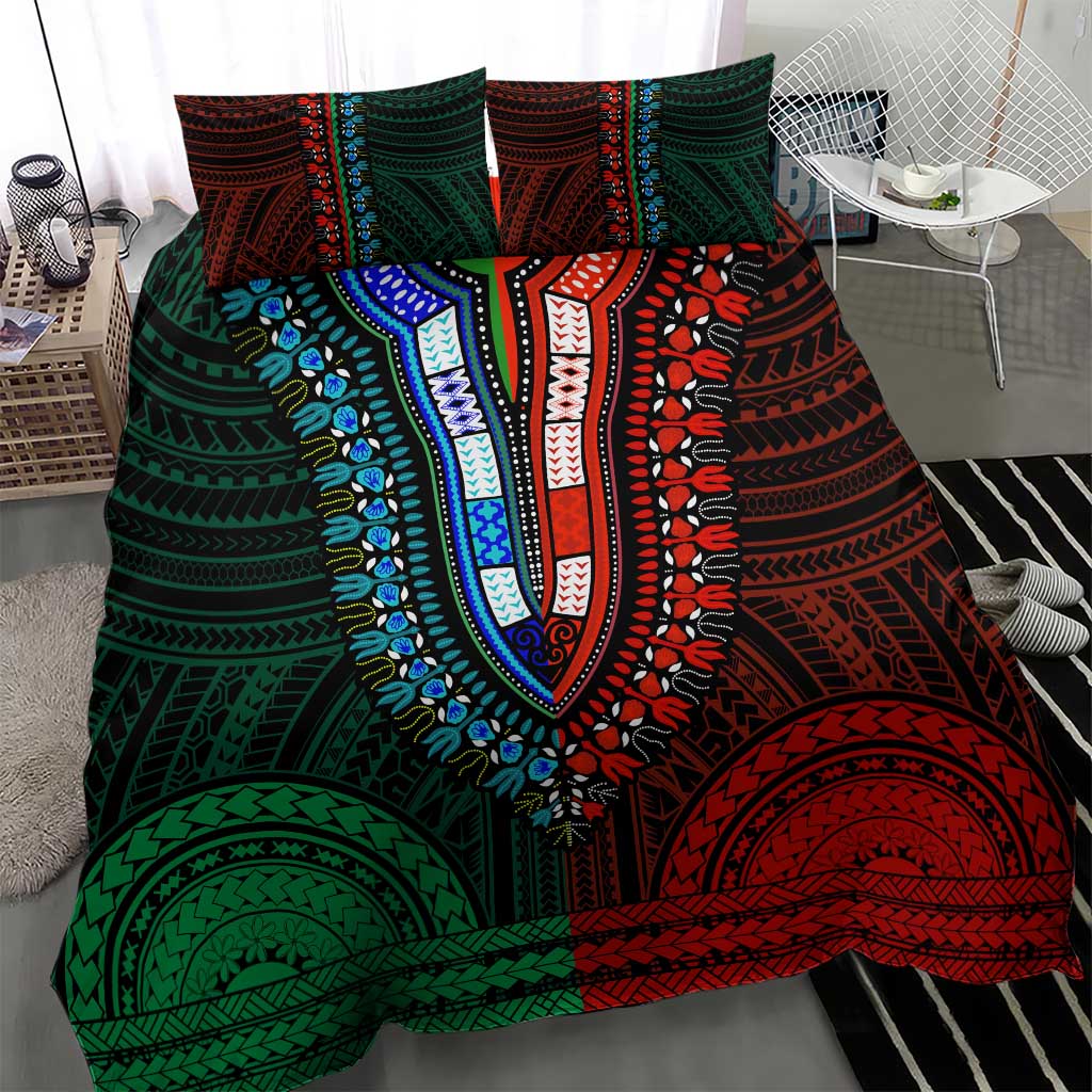 African Dashiki and Polynesian Pattern Bedding Set Half Green-Red