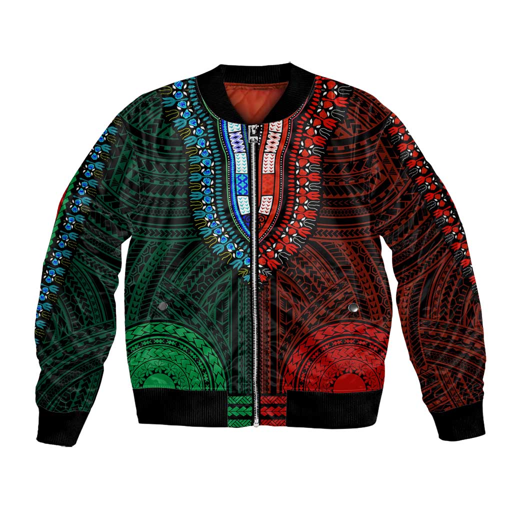 African Dashiki and Polynesian Pattern Bomber Jacket Half Green-Red