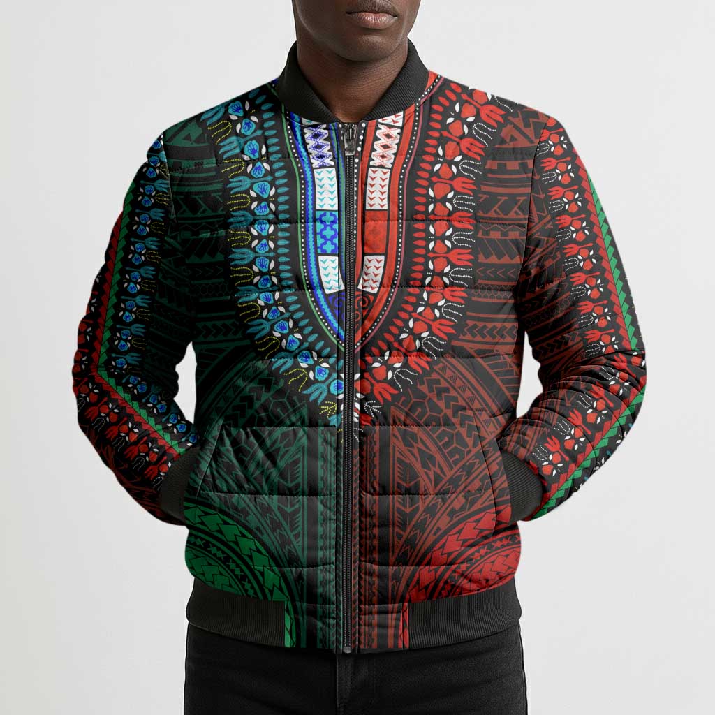 African Dashiki and Polynesian Pattern Bomber Puffer Jacket Half Green-Red