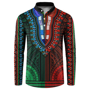 African Dashiki and Polynesian Pattern Button Sweatshirt Half Green-Red