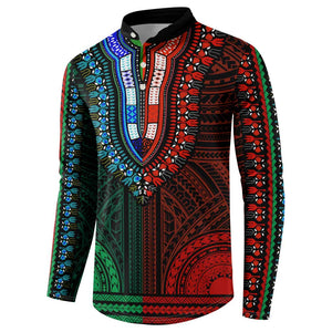 African Dashiki and Polynesian Pattern Button Sweatshirt Half Green-Red