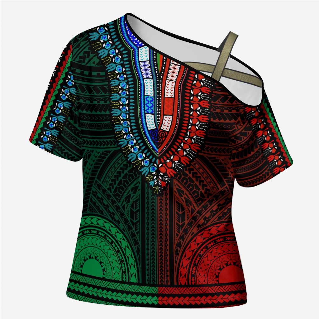 African Dashiki and Polynesian Pattern Cross Shoulder Shirt Half Green-Red