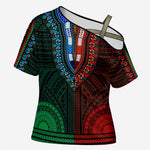 African Dashiki and Polynesian Pattern Cross Shoulder Shirt Half Green-Red