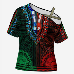 African Dashiki and Polynesian Pattern Cross Shoulder Shirt Half Green-Red