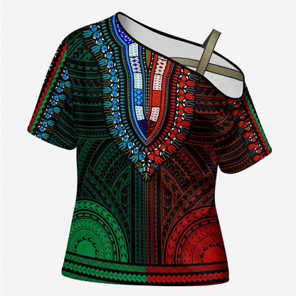 African Dashiki and Polynesian Pattern Cross Shoulder Shirt Half Green-Red