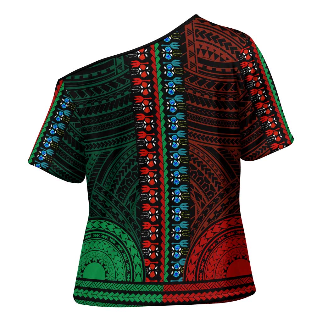African Dashiki and Polynesian Pattern Cross Shoulder Shirt Half Green-Red