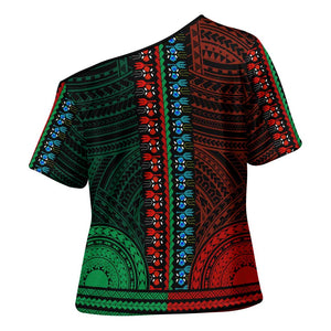 African Dashiki and Polynesian Pattern Cross Shoulder Shirt Half Green-Red