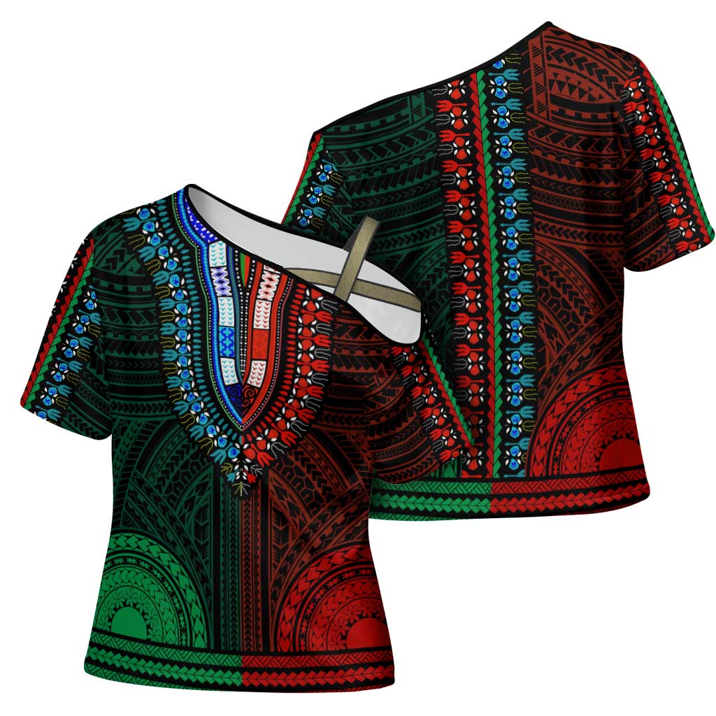 African Dashiki and Polynesian Pattern Cross Shoulder Shirt Half Green-Red