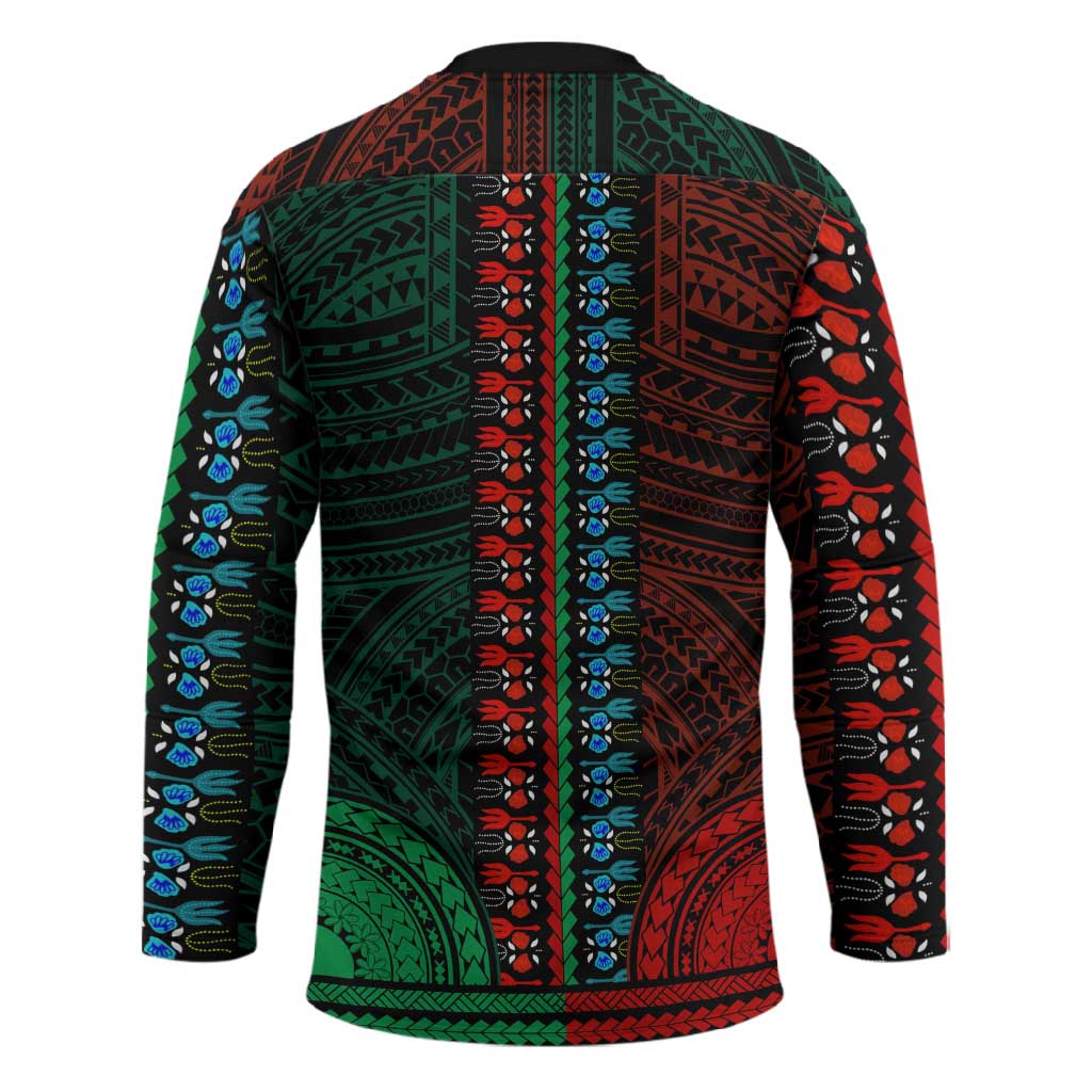 African Dashiki and Polynesian Pattern Hockey Jersey Half Green-Red