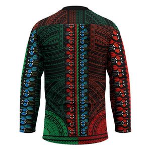 African Dashiki and Polynesian Pattern Hockey Jersey Half Green-Red