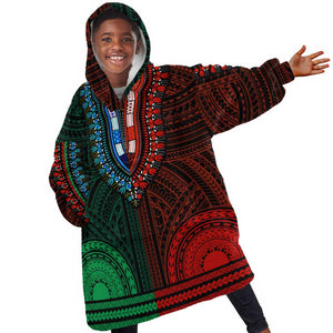 African Dashiki and Polynesian Pattern Kid Wearable Blanket Hoodie Half Green-Red