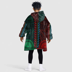 African Dashiki and Polynesian Pattern Kid Wearable Blanket Hoodie Half Green-Red