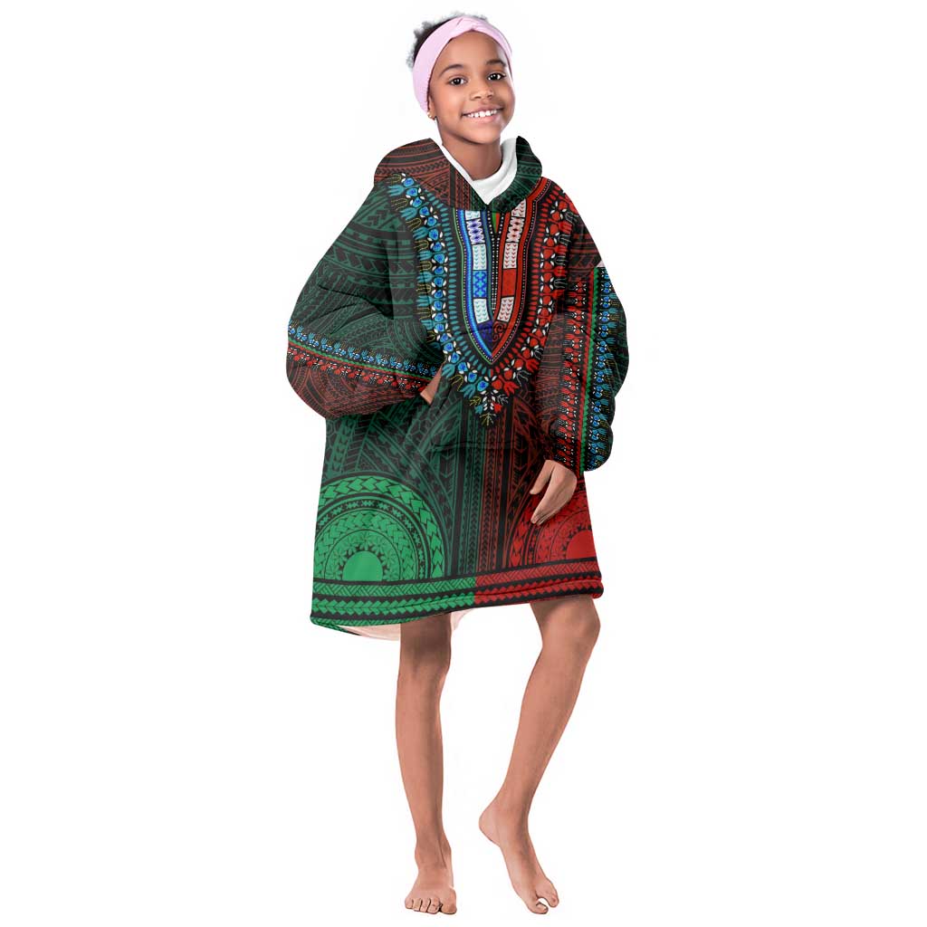 African Dashiki and Polynesian Pattern Kid Wearable Blanket Hoodie Half Green-Red