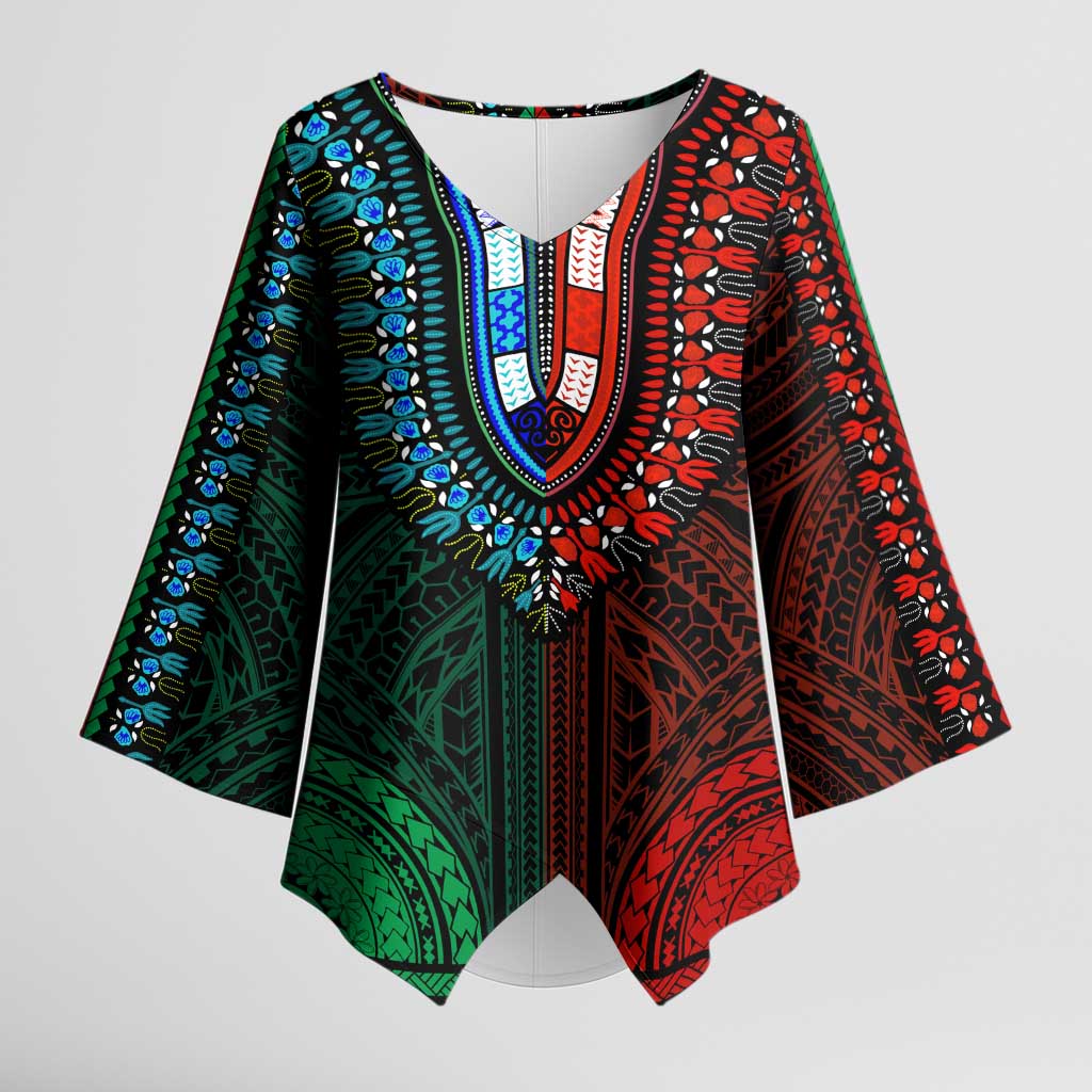 African Dashiki and Polynesian Pattern Kimono Sleeve Blouse Half Green-Red