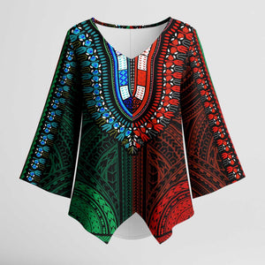 African Dashiki and Polynesian Pattern Kimono Sleeve Blouse Half Green-Red