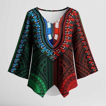 African Dashiki and Polynesian Pattern Kimono Sleeve Blouse Half Green-Red