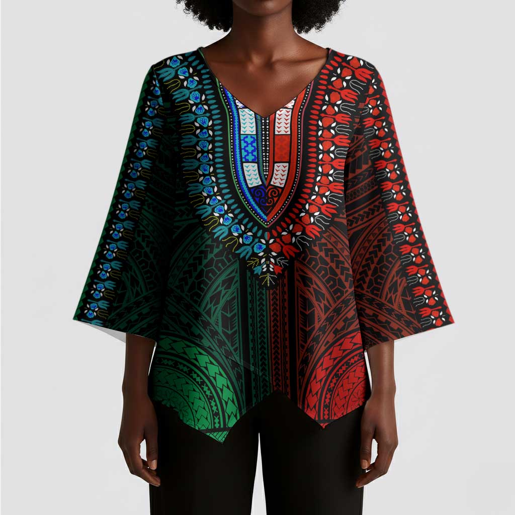 African Dashiki and Polynesian Pattern Kimono Sleeve Blouse Half Green-Red