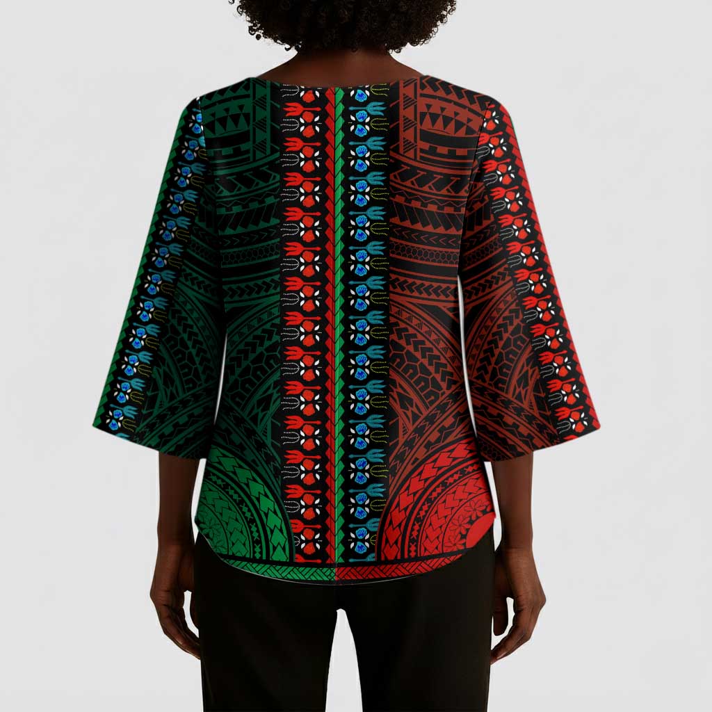 African Dashiki and Polynesian Pattern Kimono Sleeve Blouse Half Green-Red