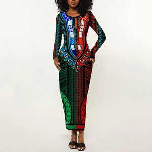 African Dashiki and Polynesian Pattern Long Sleeve Bodycon Dress Half Green-Red LT9