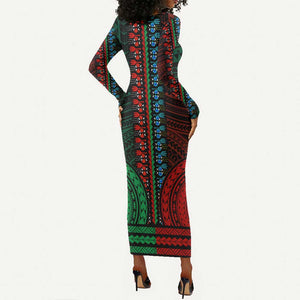African Dashiki and Polynesian Pattern Long Sleeve Bodycon Dress Half Green-Red LT9