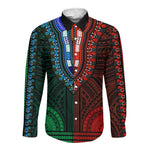 African Dashiki and Polynesian Pattern Long Sleeve Button Shirt Half Green-Red