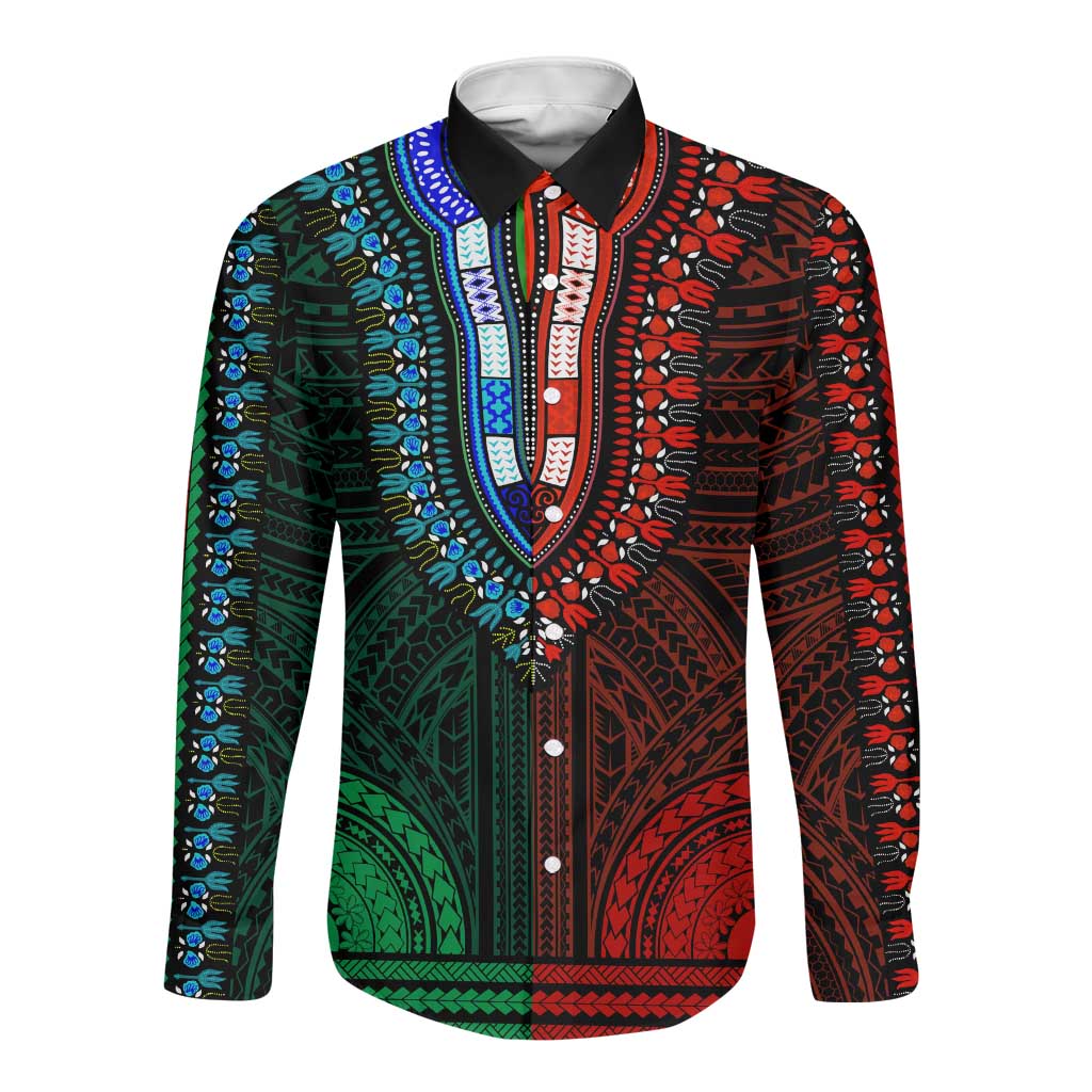 African Dashiki and Polynesian Pattern Long Sleeve Button Shirt Half Green-Red