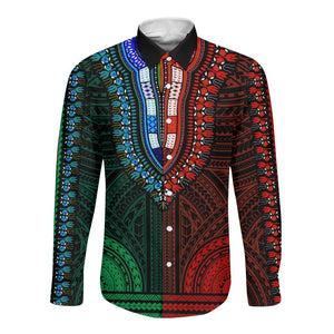 African Dashiki and Polynesian Pattern Long Sleeve Button Shirt Half Green-Red