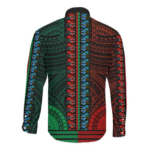 African Dashiki and Polynesian Pattern Long Sleeve Button Shirt Half Green-Red
